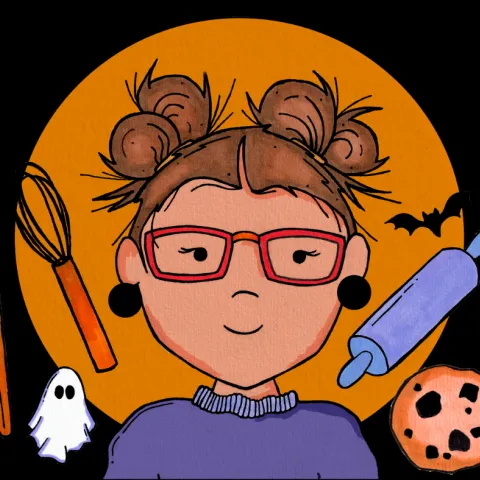 Connecticut Kelsey logo. Spooky cute cartoon with signature space buns, surrounded by art and baking supplies.