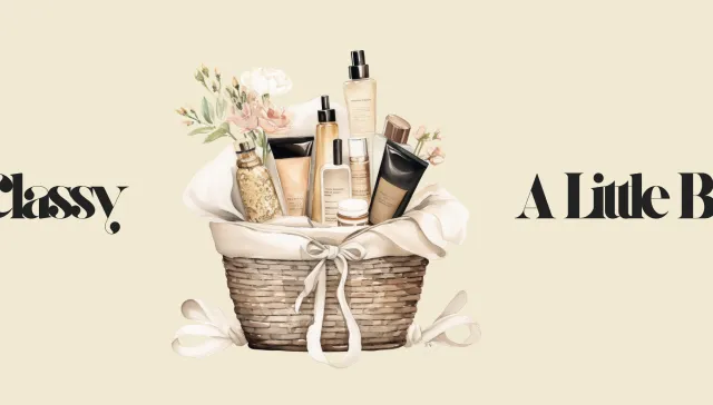 A beige background color with title Silver Classy on left side then a wicker basket in middle of photo with skincare products in it, then on the right of the basket, A little bit sassy is typed in