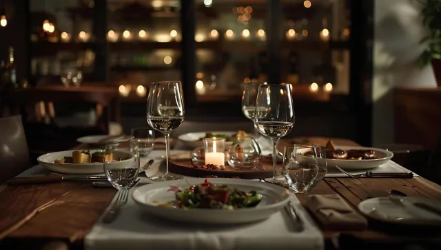 Dinner table with plates and glasses