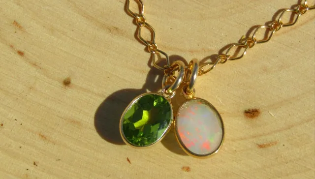 Peridot and Opal Gemstone Pendant Set in Solid 14k Gold on a Gold Filled Chain