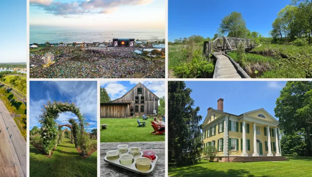 A travel collage shows an aerial view of a long sandy waterfront. A historic columned mansion. A wooden boardwalk through a green wetland. Colorful public art on outdoor steps. Flower covered garden arches. Drinks served beside a rustic barn. A large waterfront concert and festival crowd. And a breakfast sandwich with a blueberry pastry and coffee.