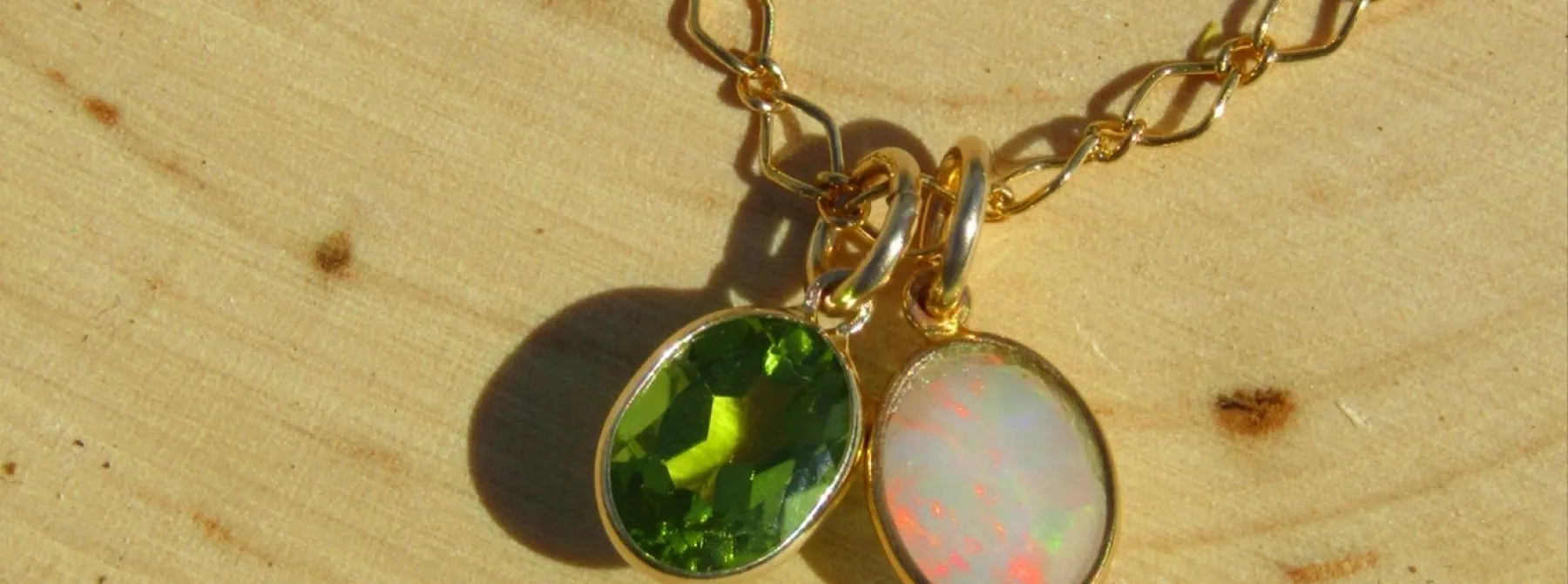 Peridot and Opal Gemstone Pendant Set in Solid 14k Gold on a Gold Filled Chain