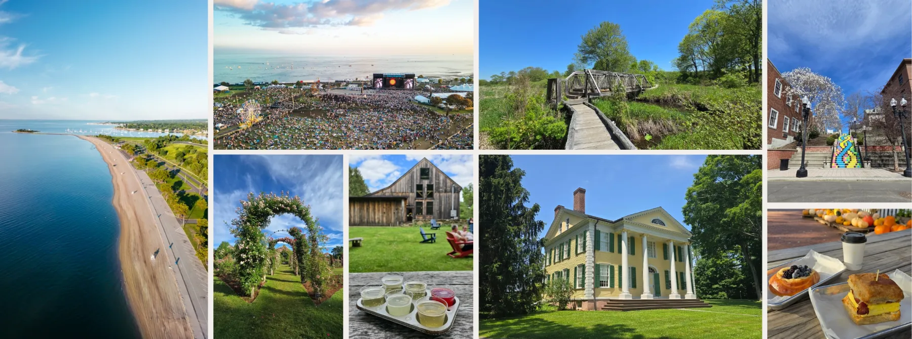 A travel collage shows an aerial view of a long sandy waterfront. A historic columned mansion. A wooden boardwalk through a green wetland. Colorful public art on outdoor steps. Flower covered garden arches. Drinks served beside a rustic barn. A large waterfront concert and festival crowd. And a breakfast sandwich with a blueberry pastry and coffee.