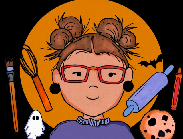 Connecticut Kelsey logo. Spooky cute cartoon with signature space buns, surrounded by art and baking supplies.